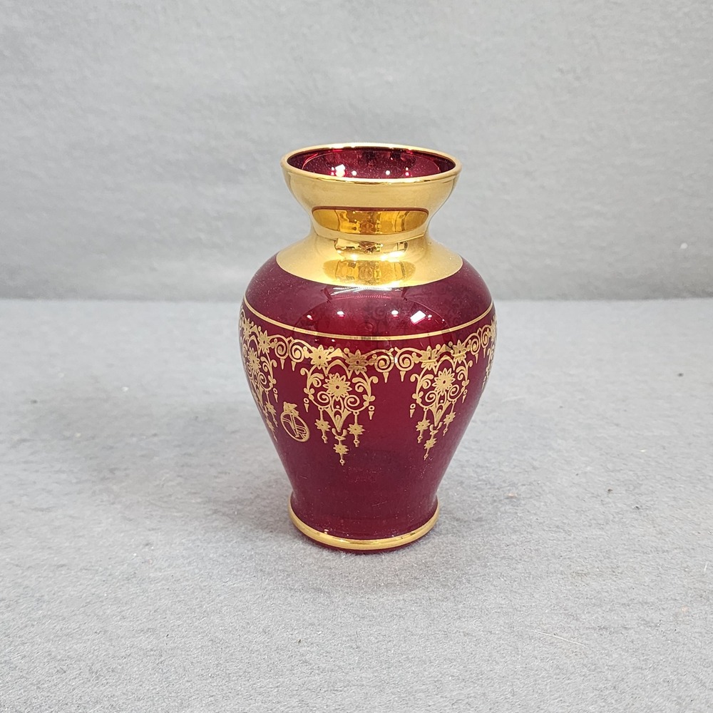 Vintage Murano Ruby Red Glass Bud Vase Gold Filigree 24K Gilt Ornate Mini 4.5"